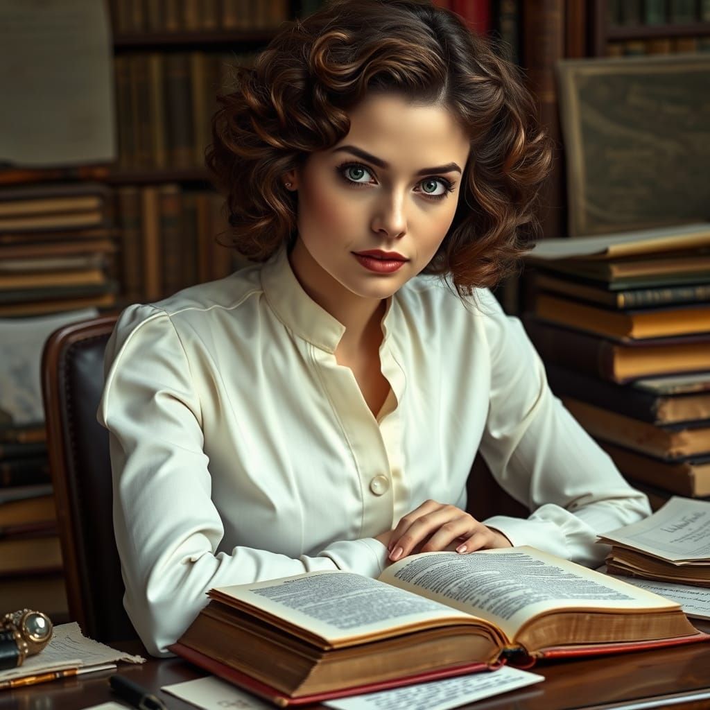 Intelligent Woman Studies Ancient Tomes in Elegant Pre-Rapha...