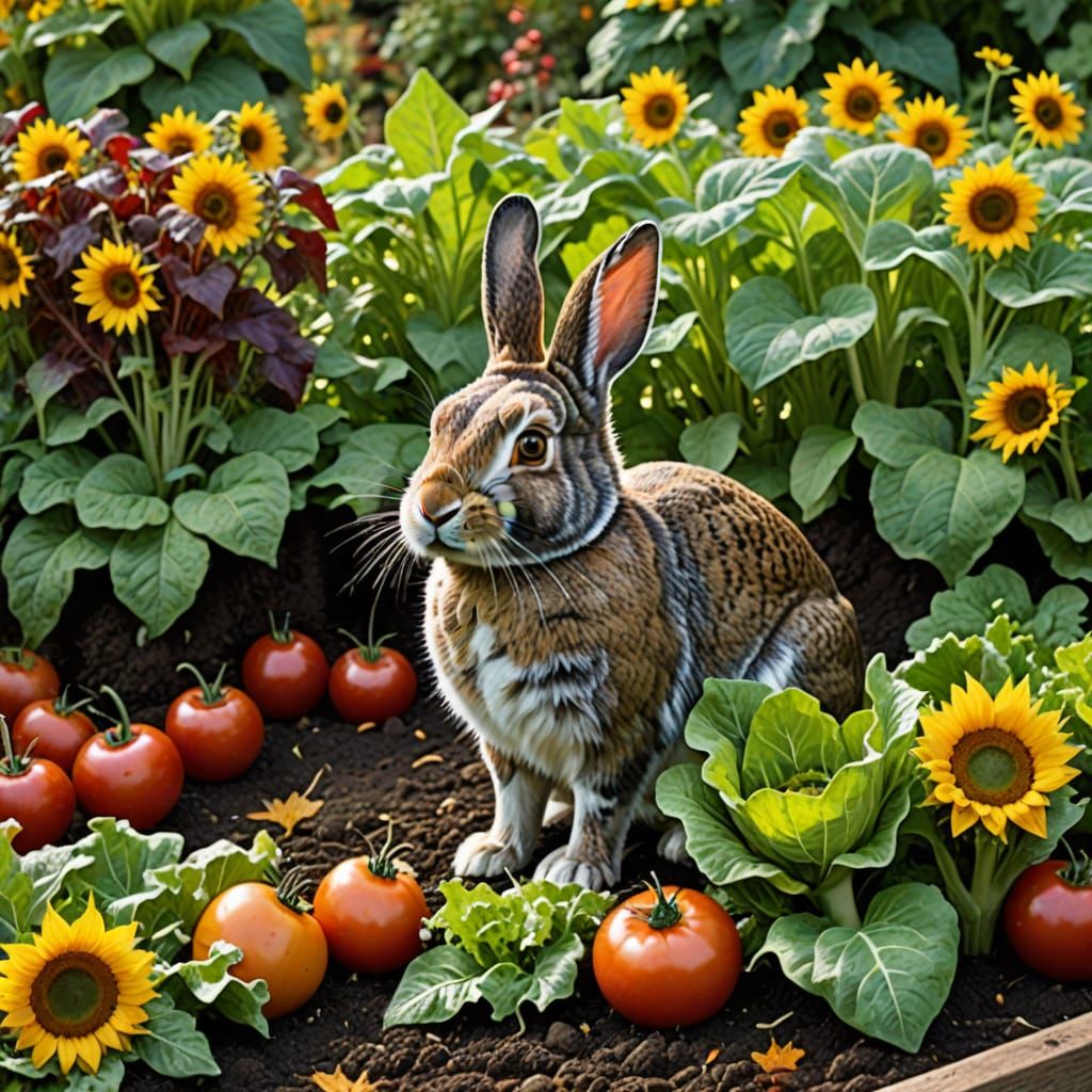 Rabbit Hiding in Fall Garden with Farmer