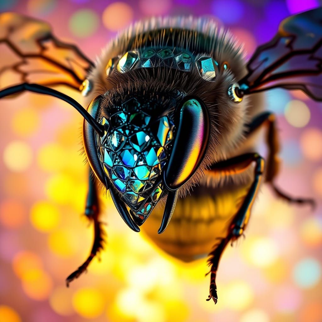 Hyperrealistic Diamond Bee Portrait in Iridescent Splendor