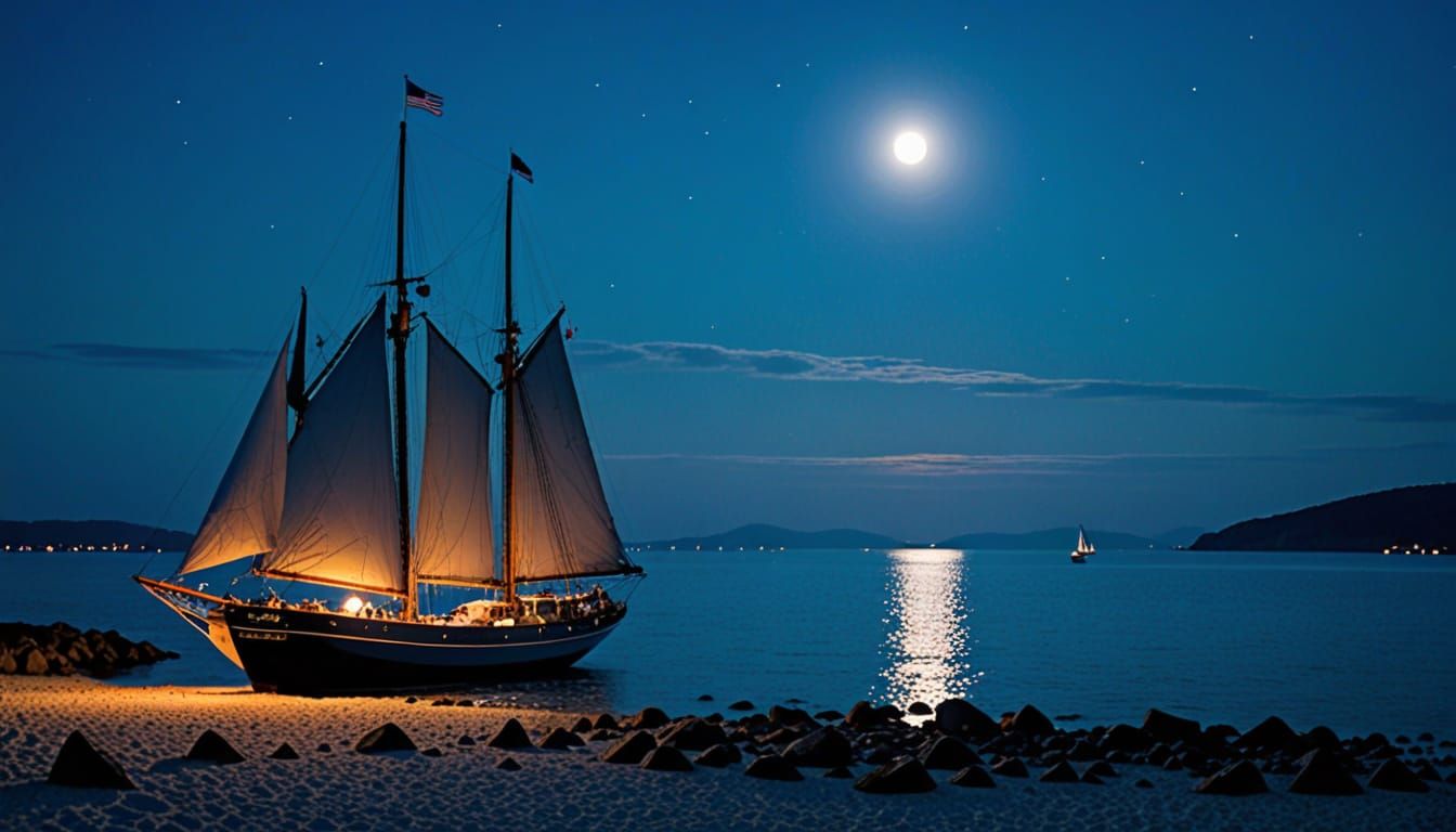 Summer Nights: Schooner Anchored in Moonlit Bay