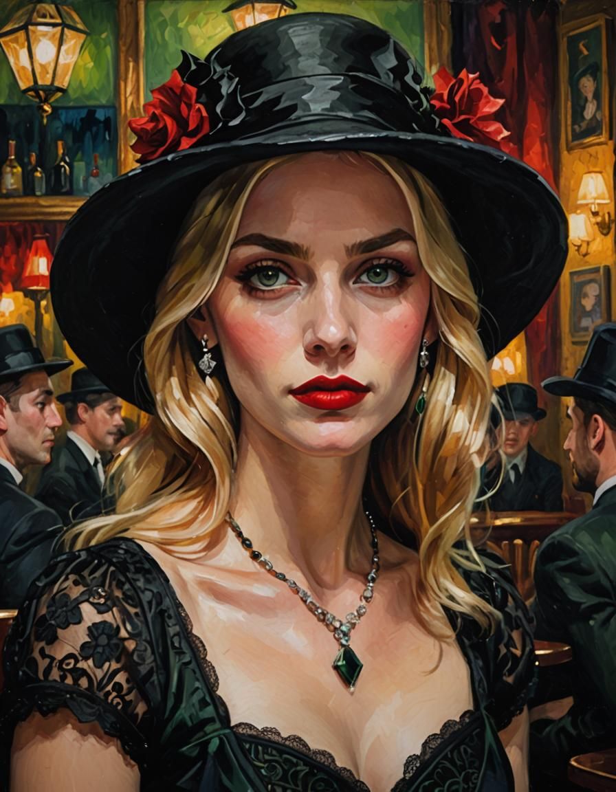 Post-impressionist oil painting, impasto, an elegant woman with green eyes.