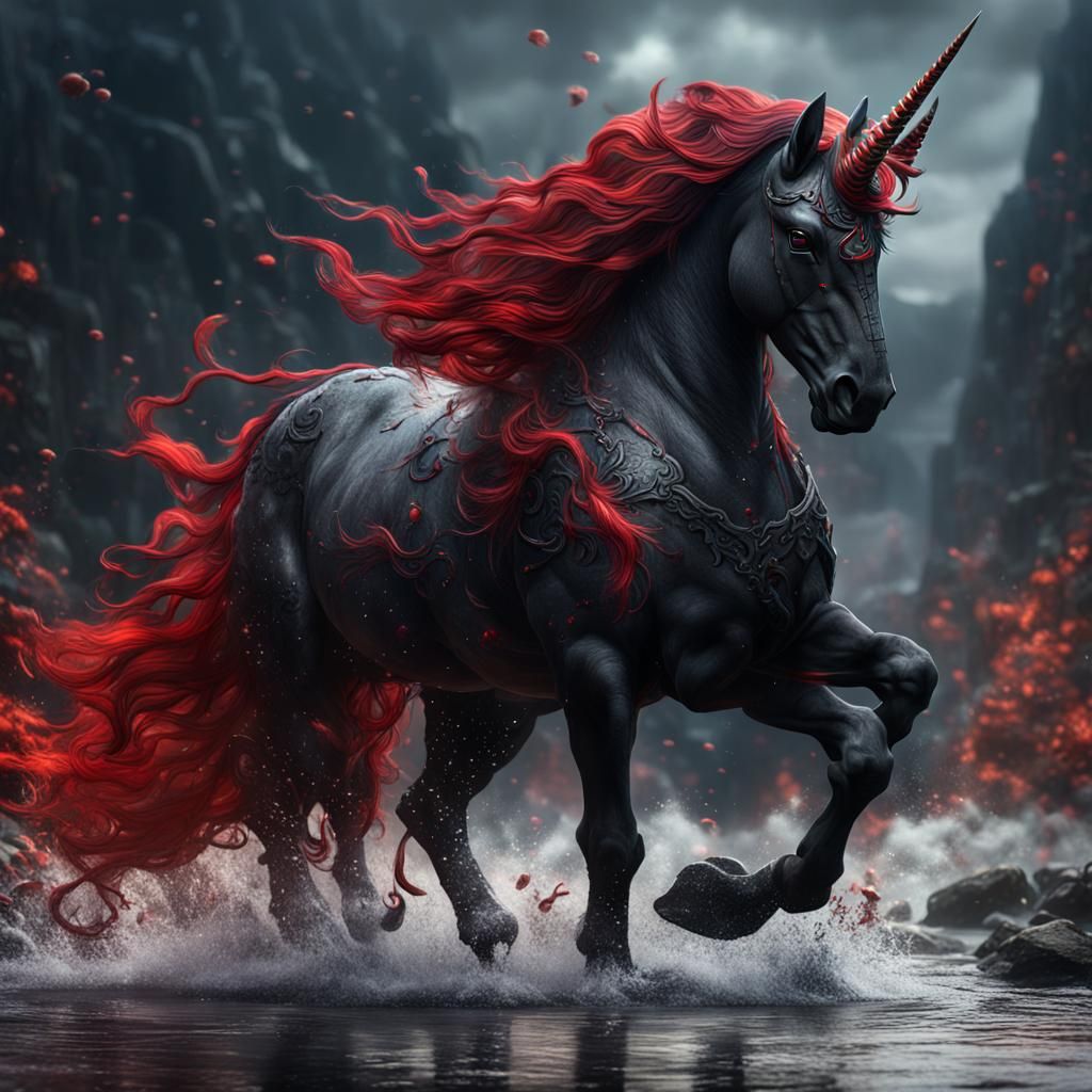Fantastical Black Unicorn with Red Mane
