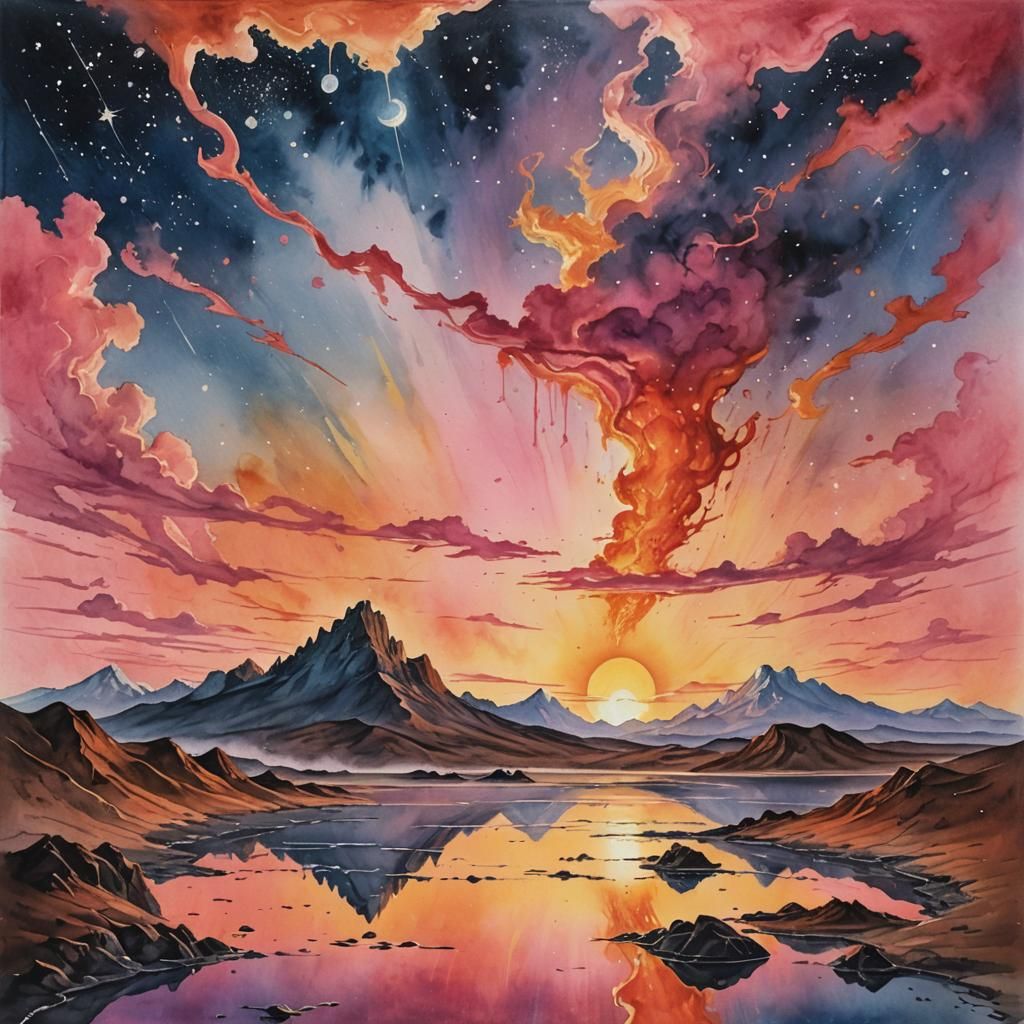 Surreal Sunrise Painting in Watercolor Style