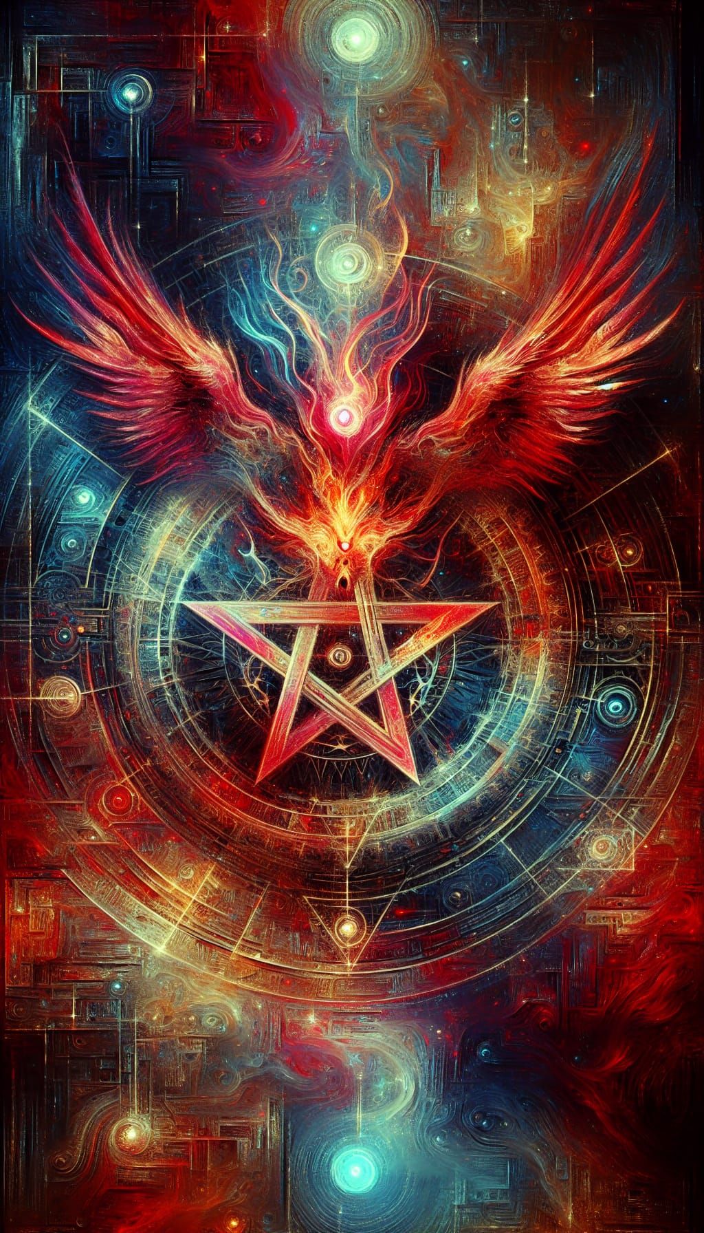 Cyberpunk Steampunk Tarot Card with Bloody Decagram