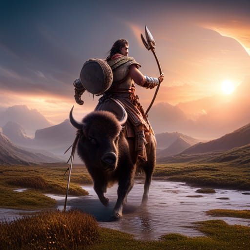 Armored Bison and Ancient Warrior in Plains