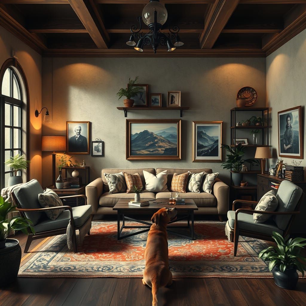 Epic Maximalist Living Room Scene with Dog