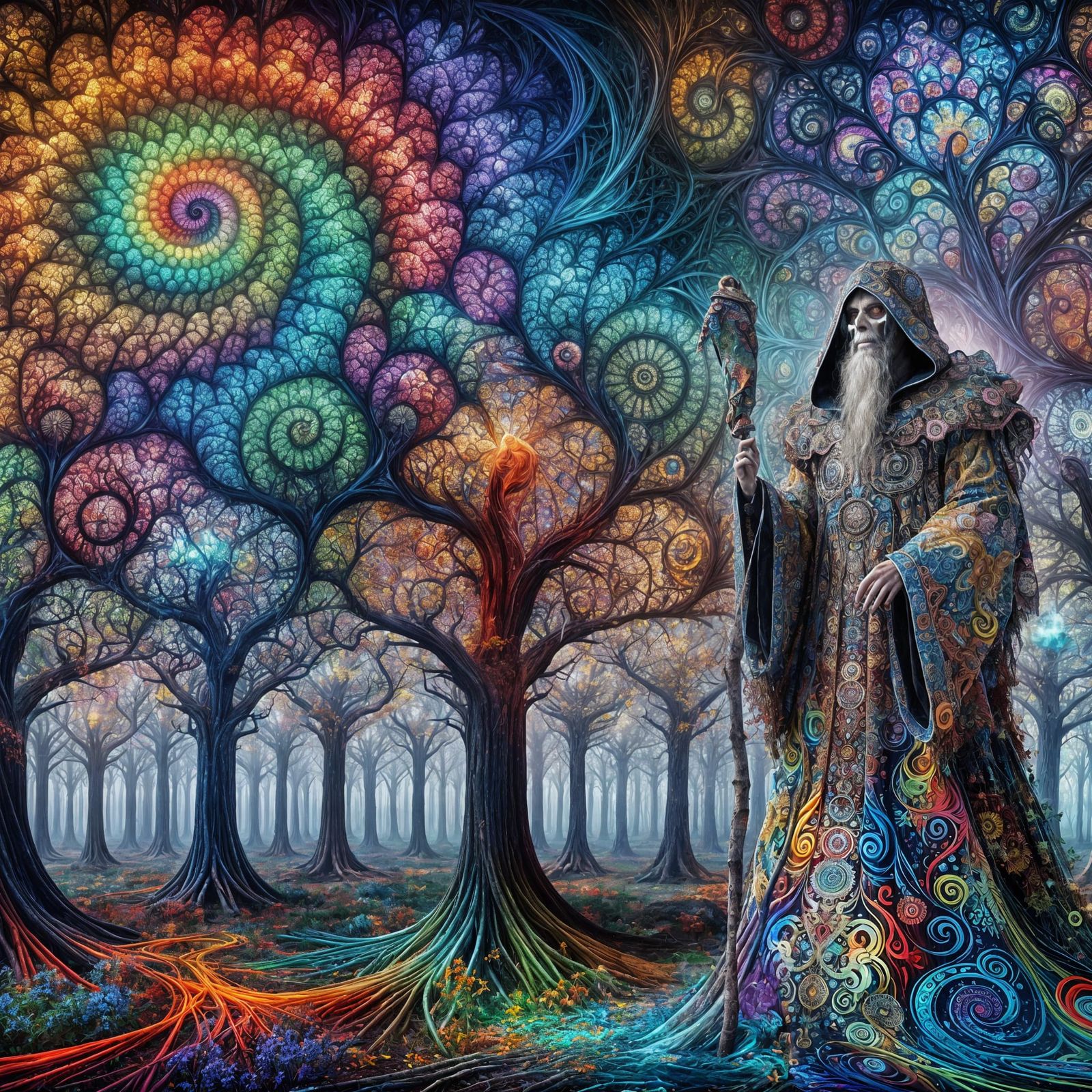 Psychedelic Forest Grim Reaper in Kaleidoscopic Robe