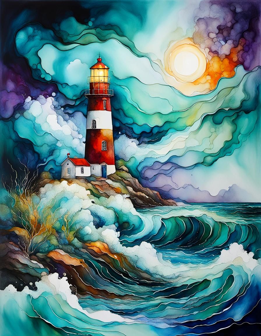 Stormy Sea Lighthouse in Alcohol Ink Composition