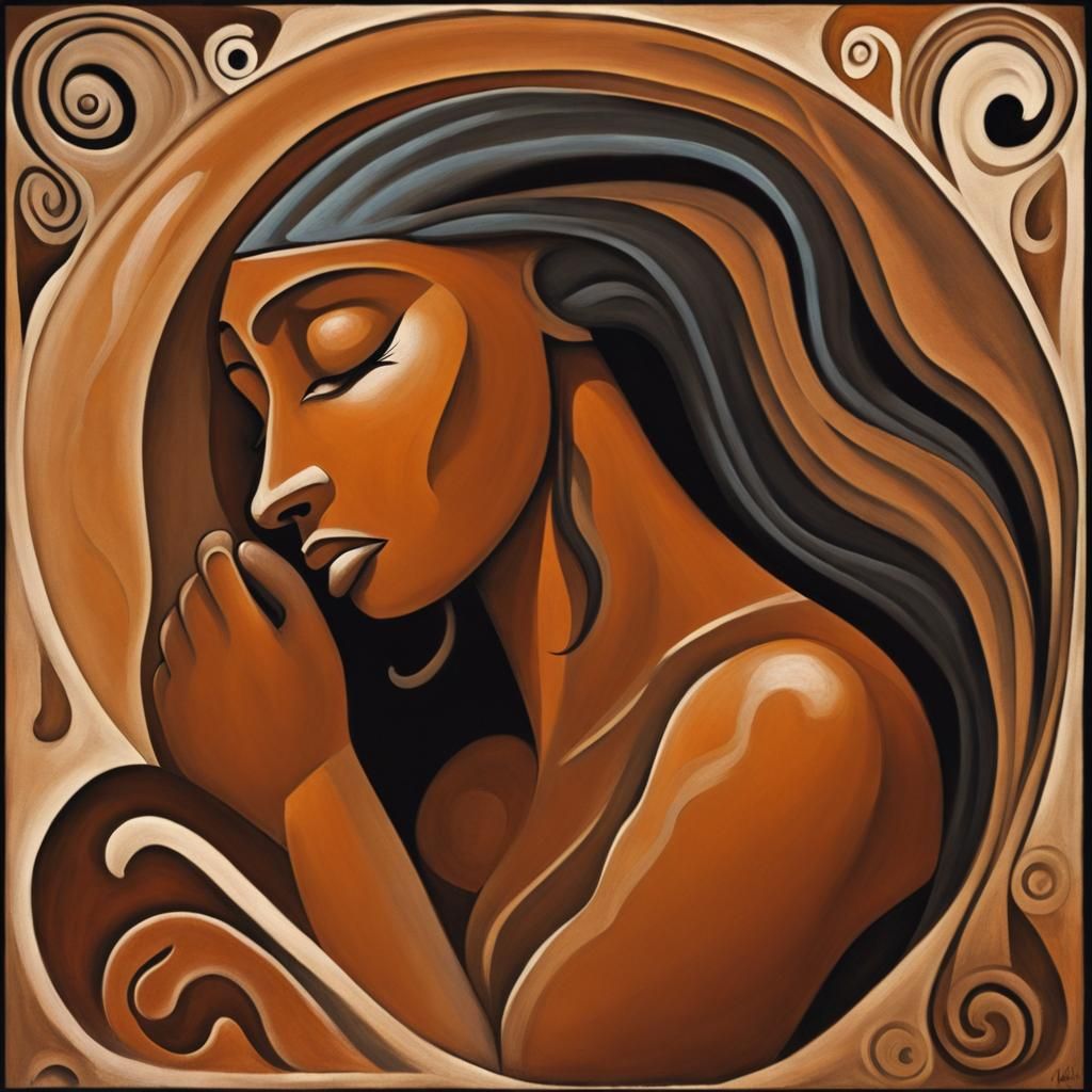 Art Nouveau Cave Painting of Grieving Woman