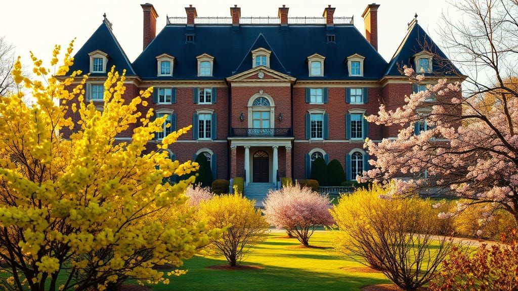 Chateau in Golden Light with Spring Garden