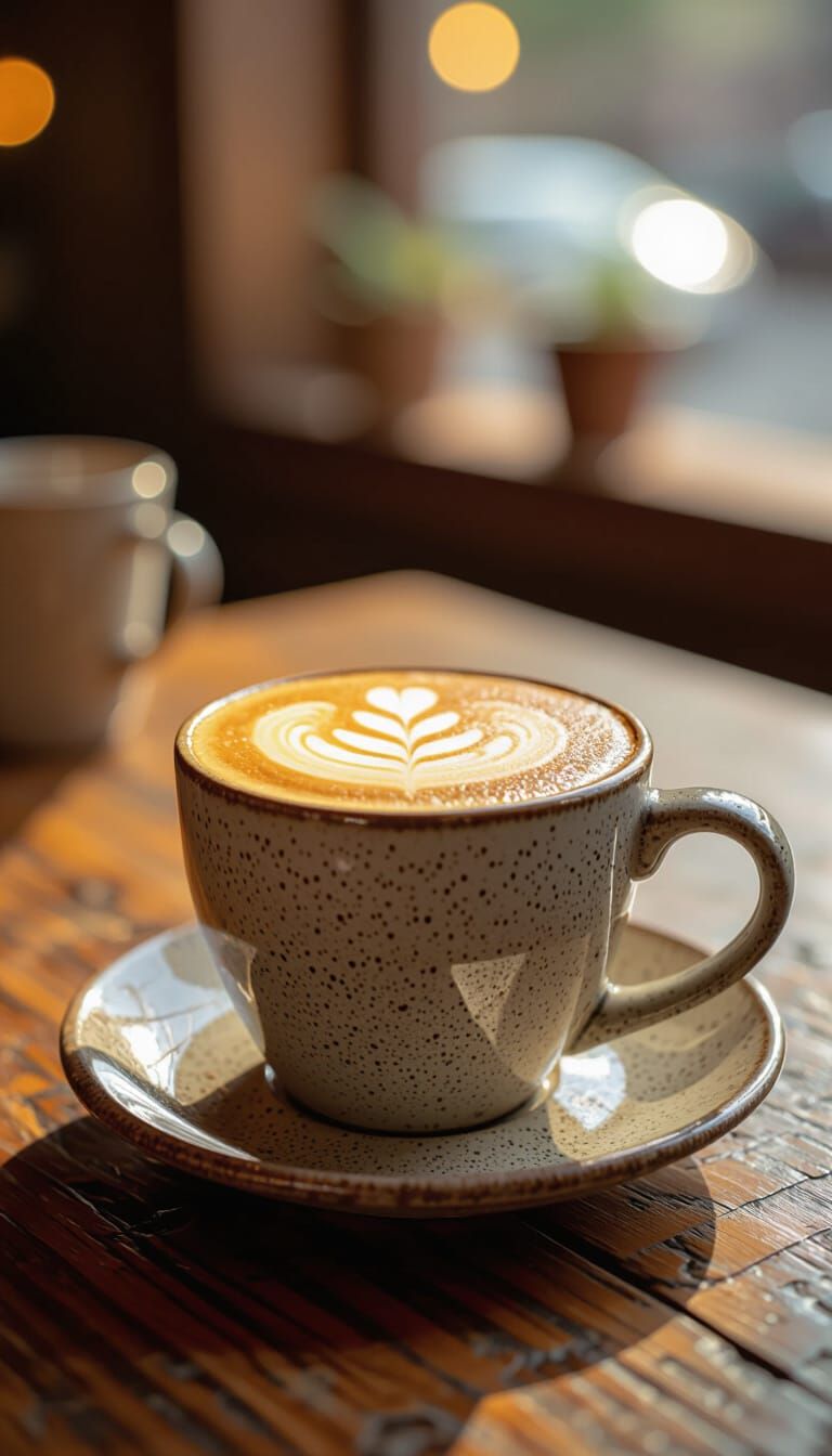 Photorealistic Cappuccino with Latte Art on Rustic Table