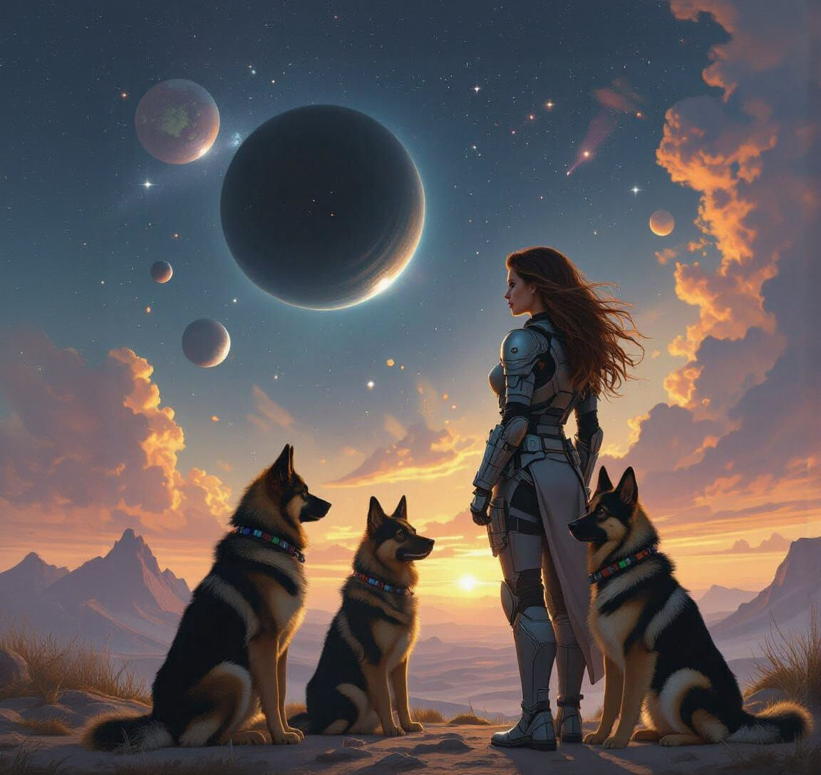 Woman and Dogs Gaze into Vast Starry Universe