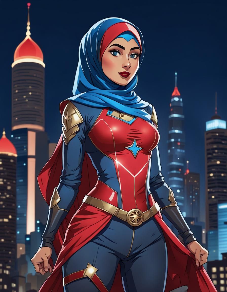 Female Hijabi Superheroine in 2D Cartoon Style