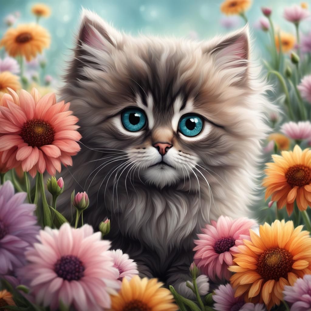 Cute Kitten with Flowers and Big Eyes