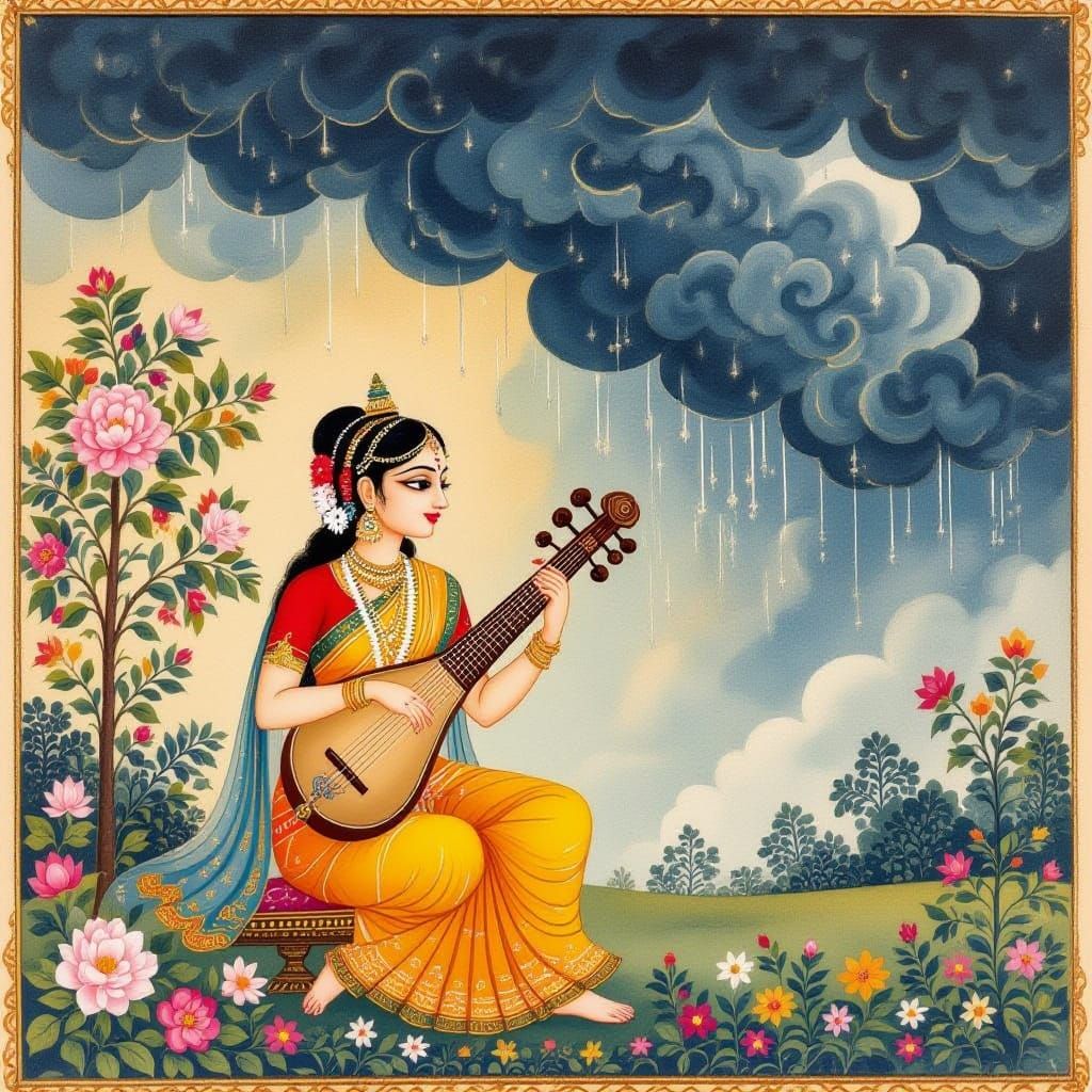 Indian Miniature Painting of Female Veena Player Under Rain ...