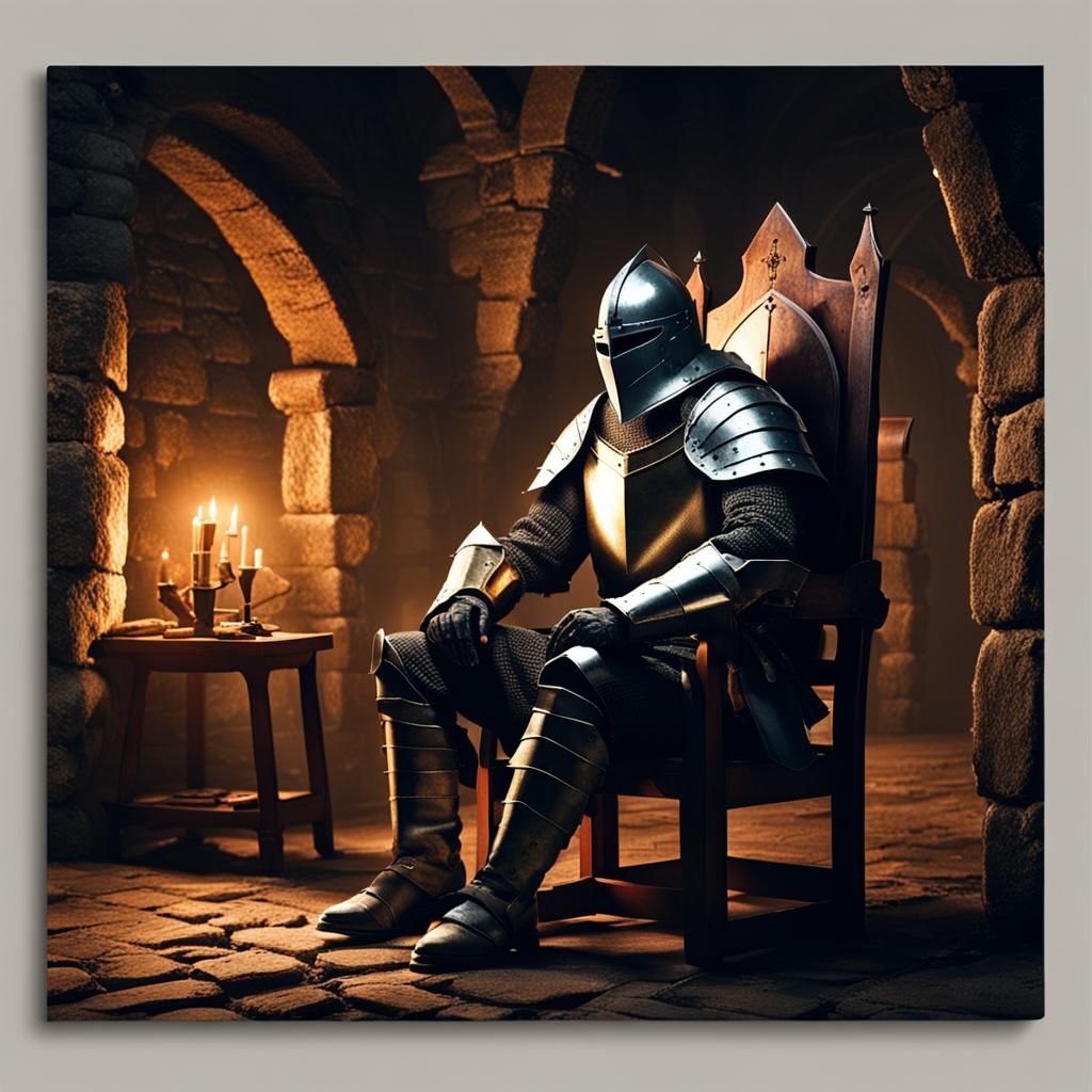 Medieval Knight in Dimly Lit Lair