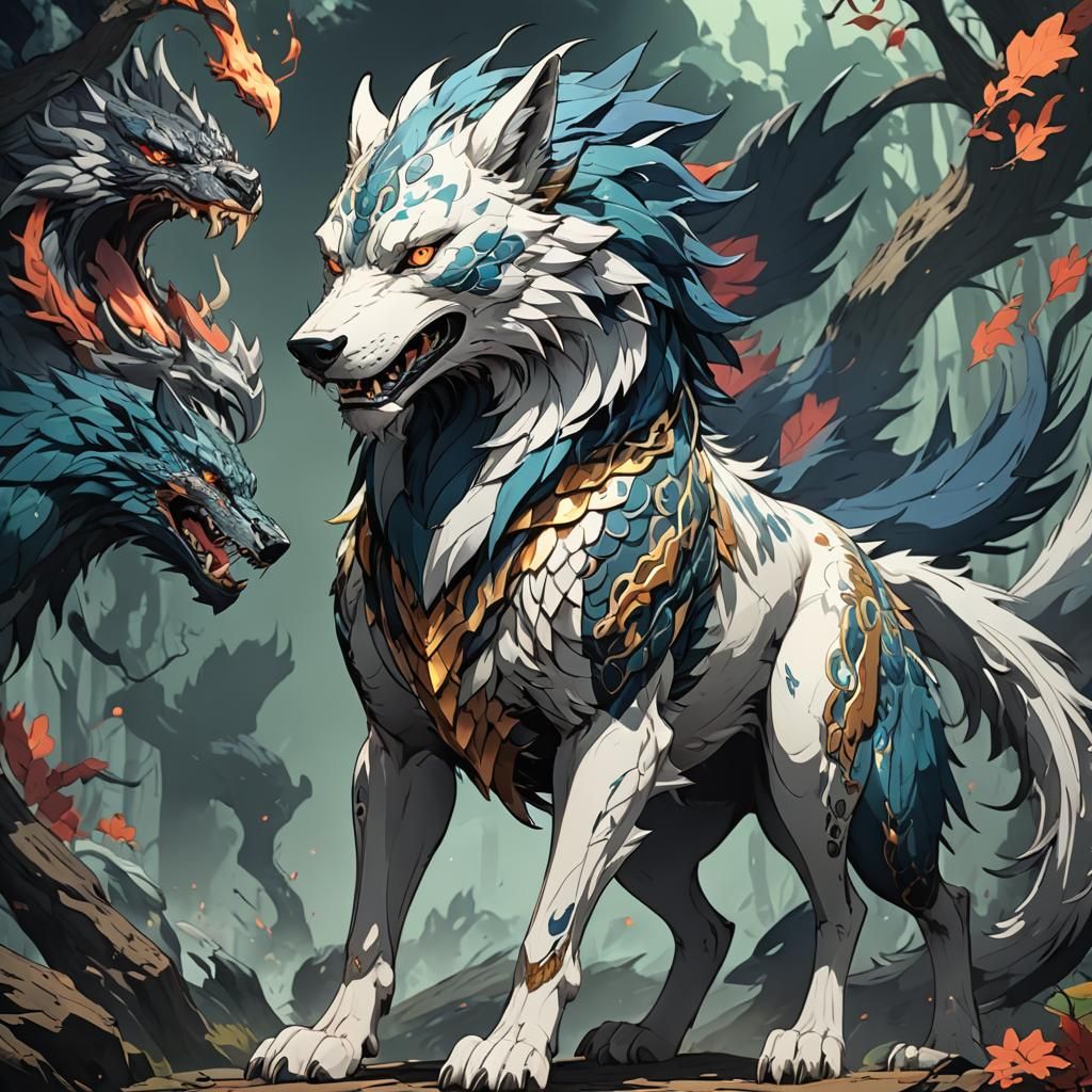 Wolf-Dragon Hybrid in Anime Manga Style