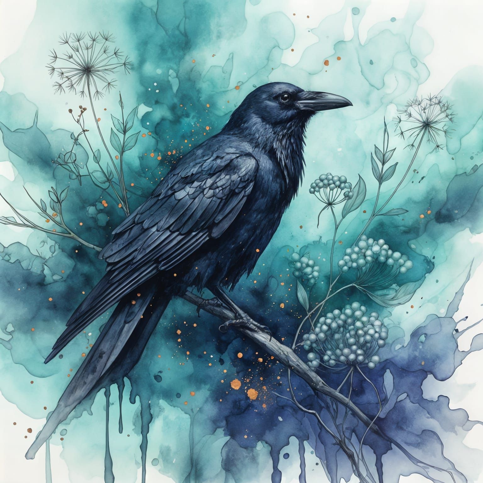 Ethereal Watercolor Raven Amidst Swirling Colors