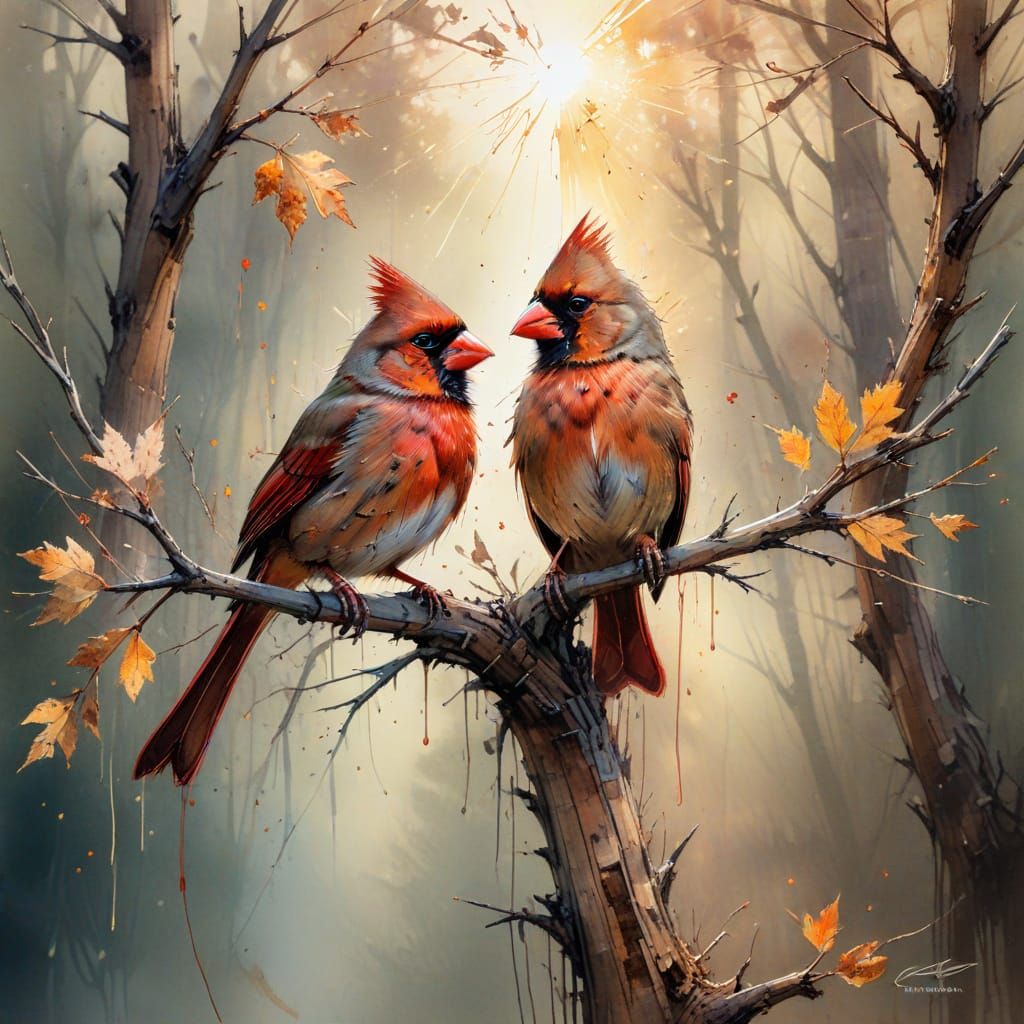 Male and Female Cardinals on Autumn Morning Branch