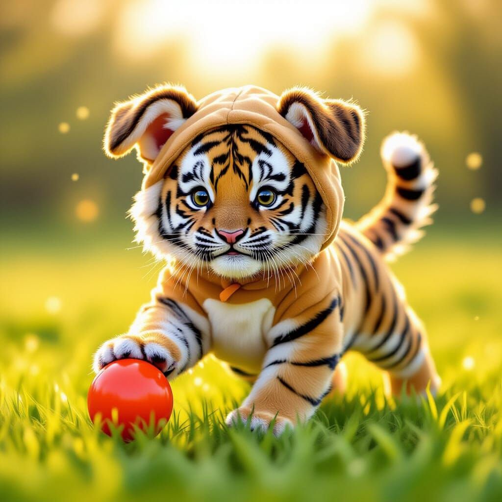 Fluffy Tiger Cub in Dog Costume Plays Fetch