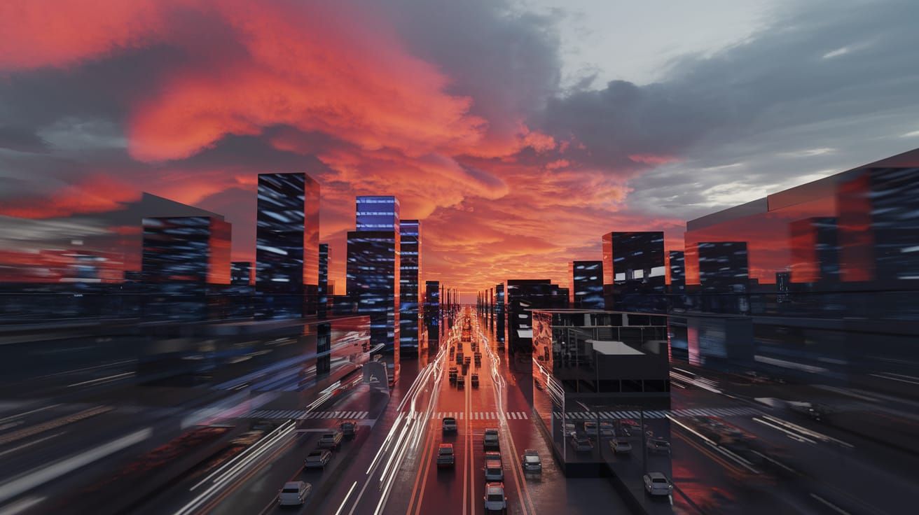 Fiery Cityscape at Dusk in 3D Render
