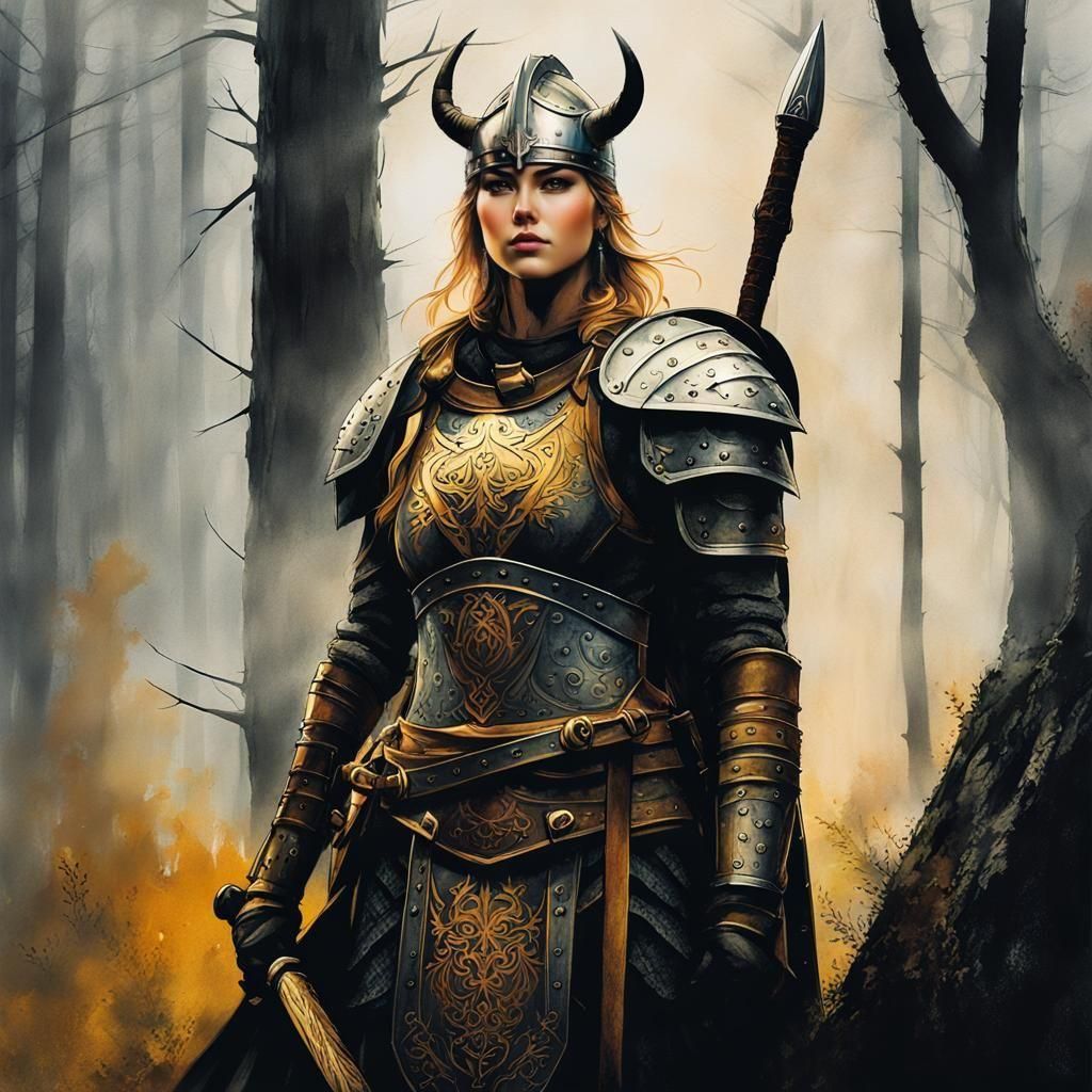 Viking Shieldmaiden in Anime-Inspired Watercolor