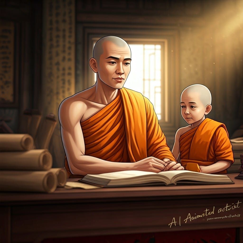 Ancient Bagan Monk Wisdom in 3D Comic Style
