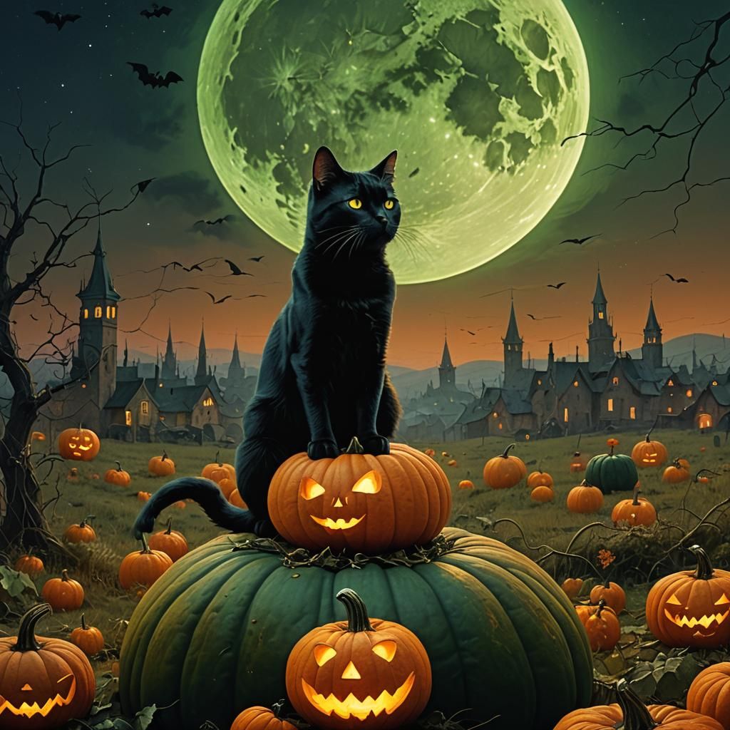 Regal Black Cat on Pumpkin in Beksiński Style