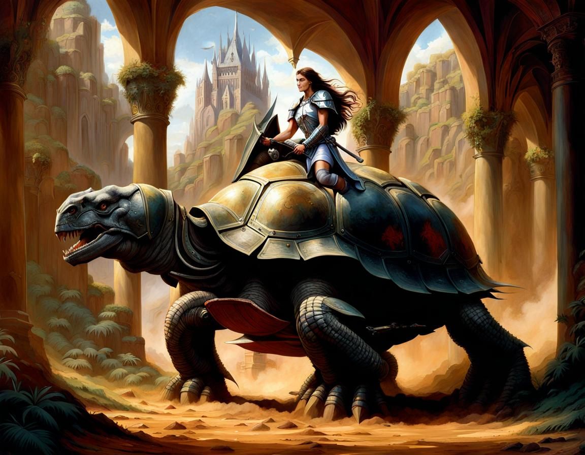 Knight Rides Armored Tortoise: Digital Matte Painting