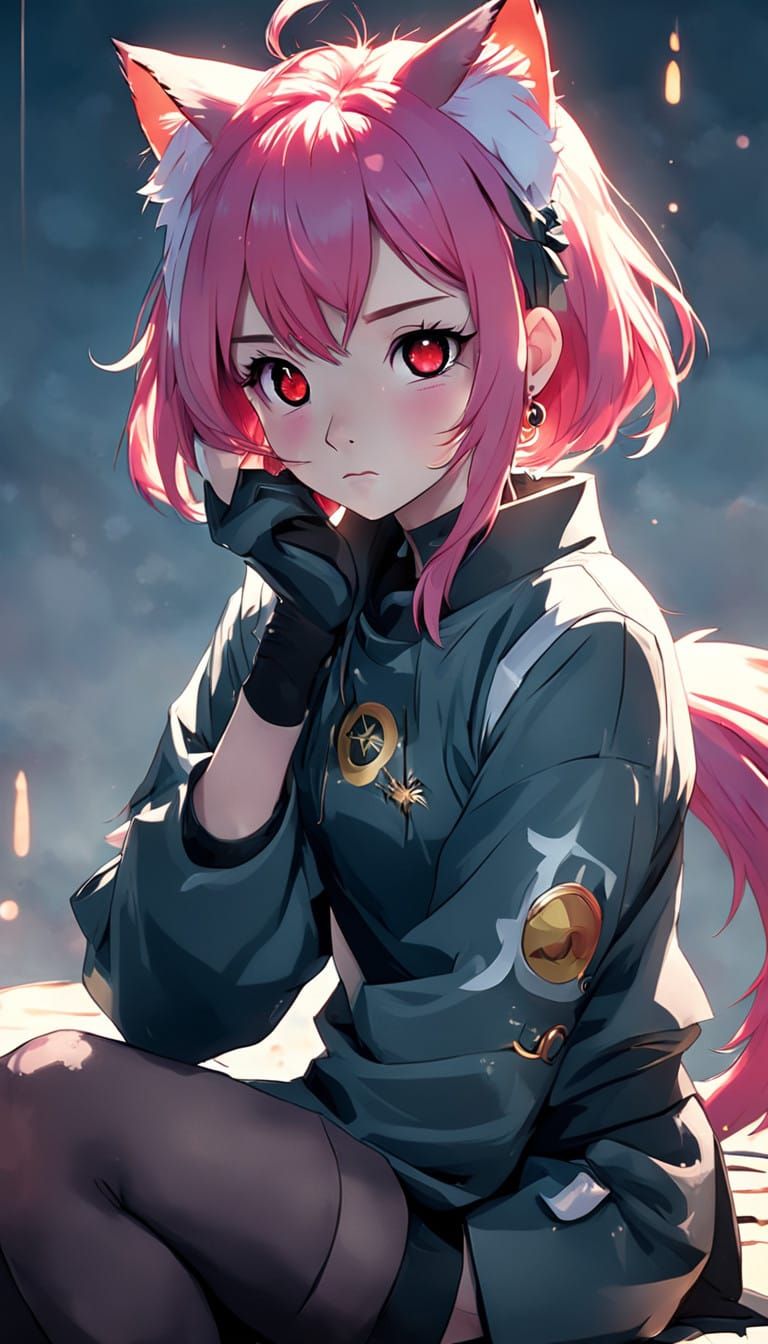 Serene Anime Catgirl Portrait in Vibrant Pink Hair and Red E...