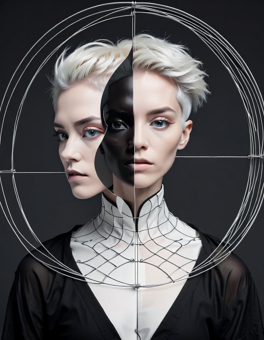 Yin-Yang Androgynous Wireframe Symmetry in Digital Art