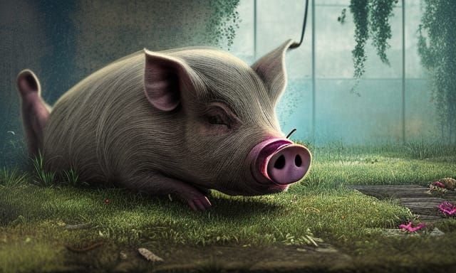 Pig in Abandoned City Ruins: Photorealistic Masterpiece