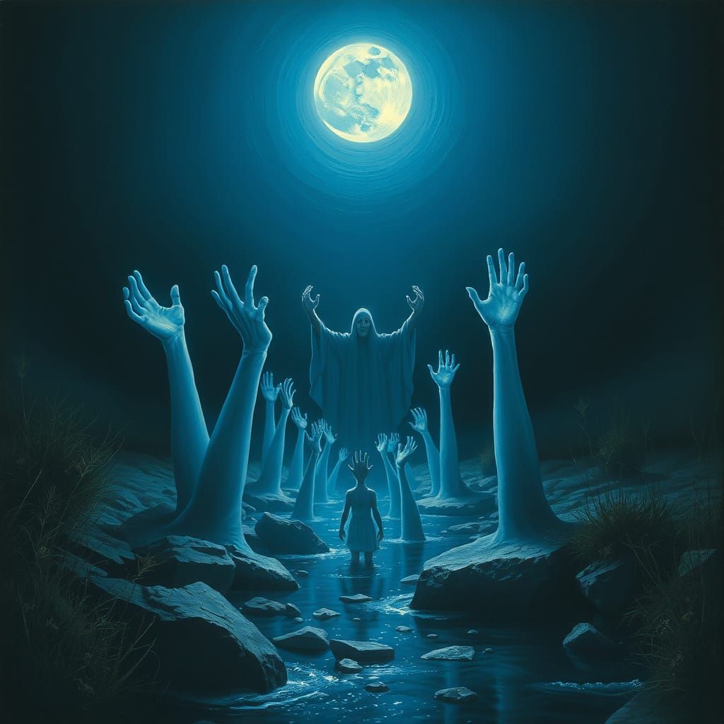 Ghostly Blue Arms Reach for the Sky in Eerie Silence