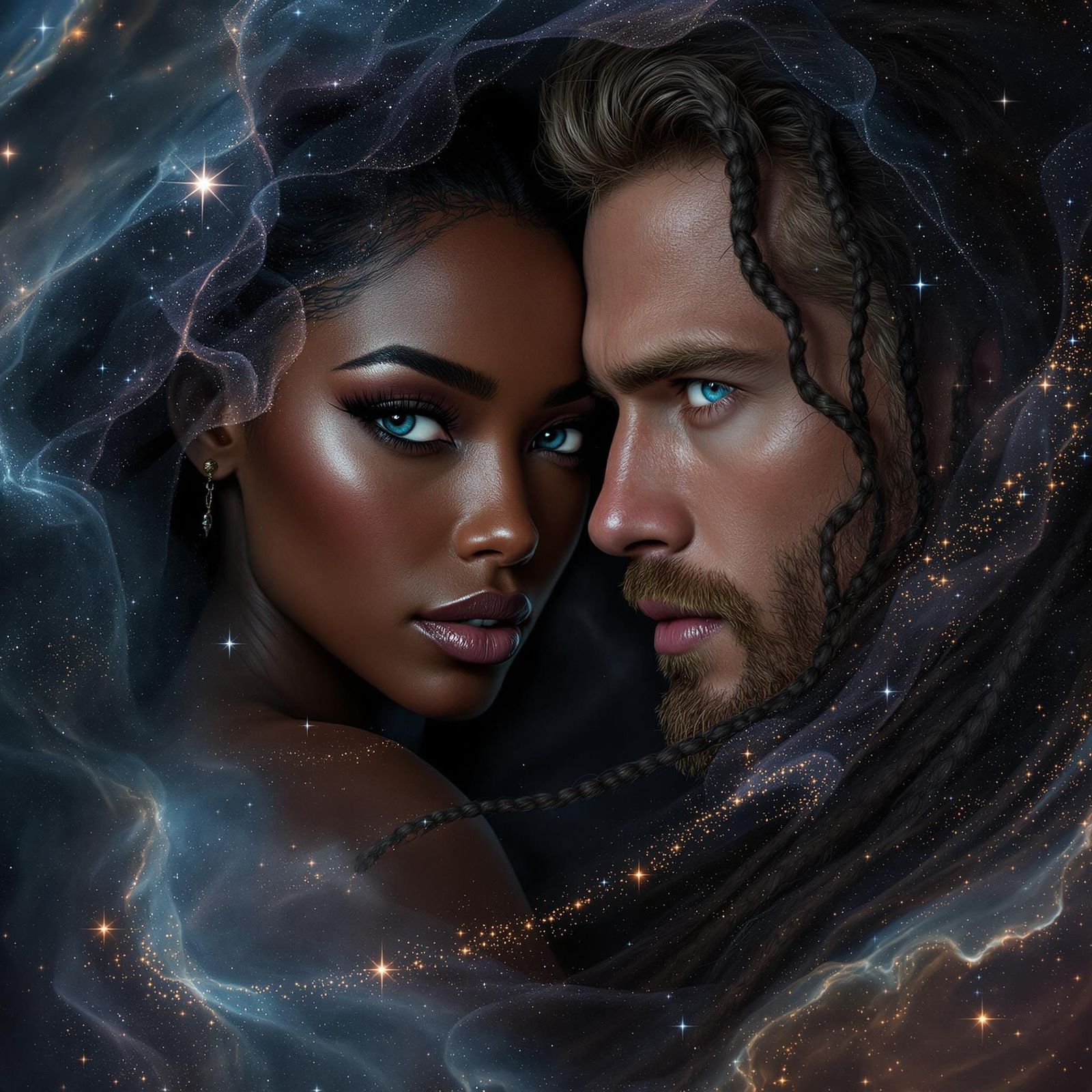 Cosmic Lovers Embrace in Hyperrealistic Digital Art