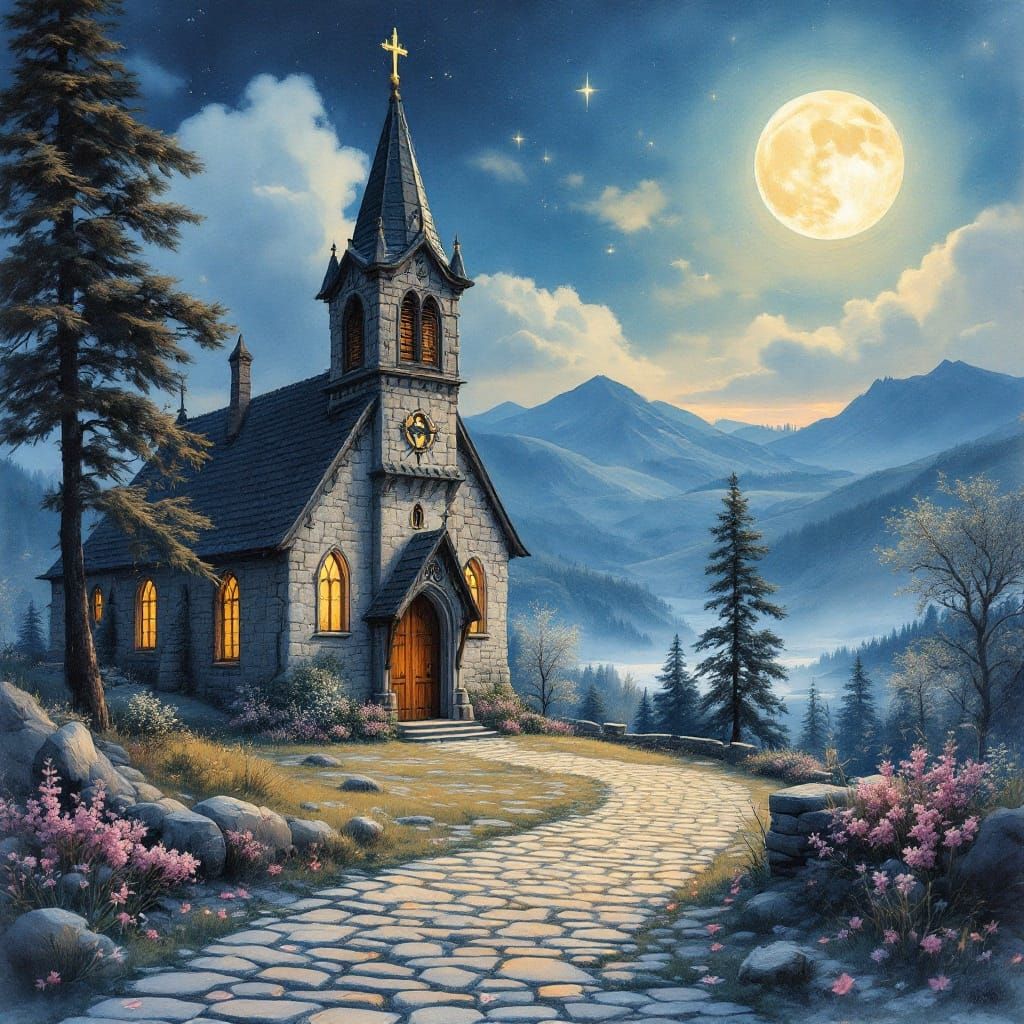 Medieval Norwegian Church in Soft Moonlight