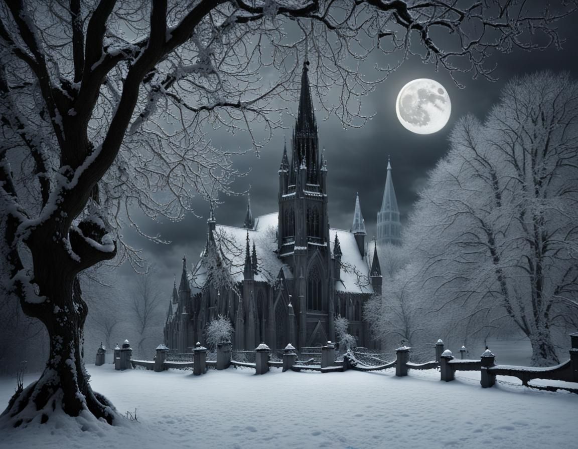 Gothic Winter Wonderland in 3D Game Cinematic Style
