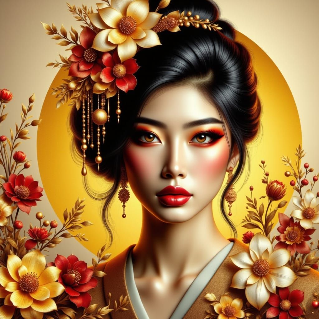 Beautiful Geisha Portrait in Digital Illustration Style