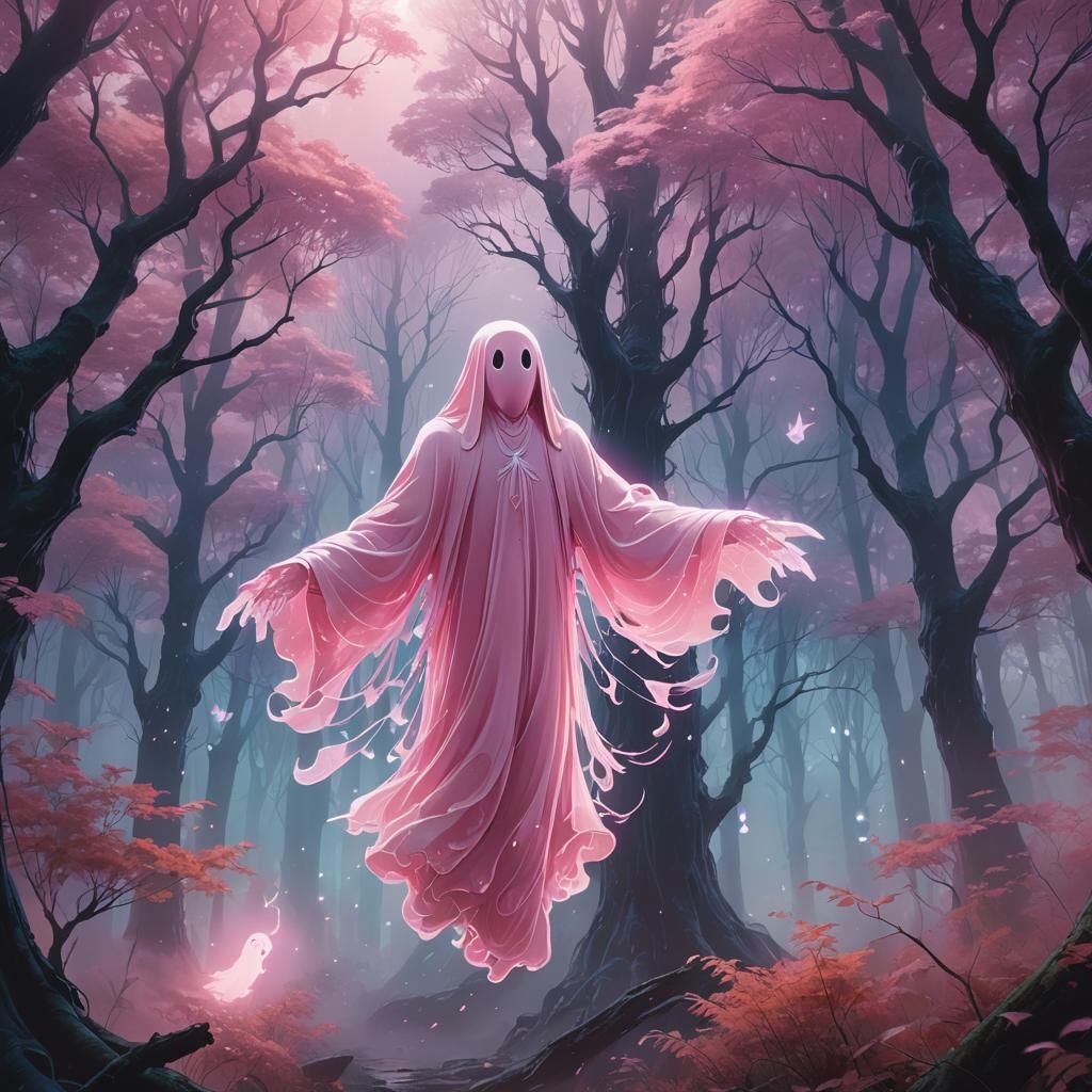 Pink Ghost in Dreamy Forest, Anime Concept Art