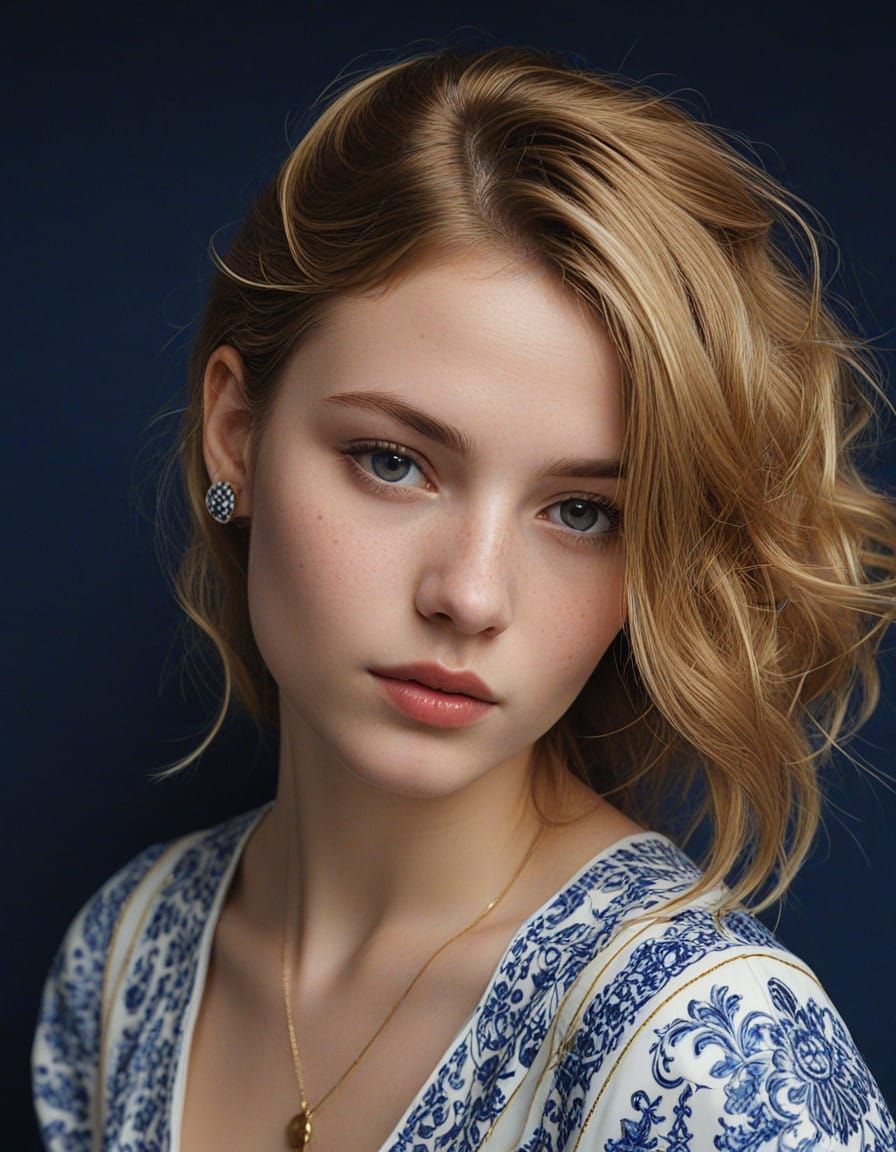 Golden-Lit Portrait in Diaphanous Blue Delft