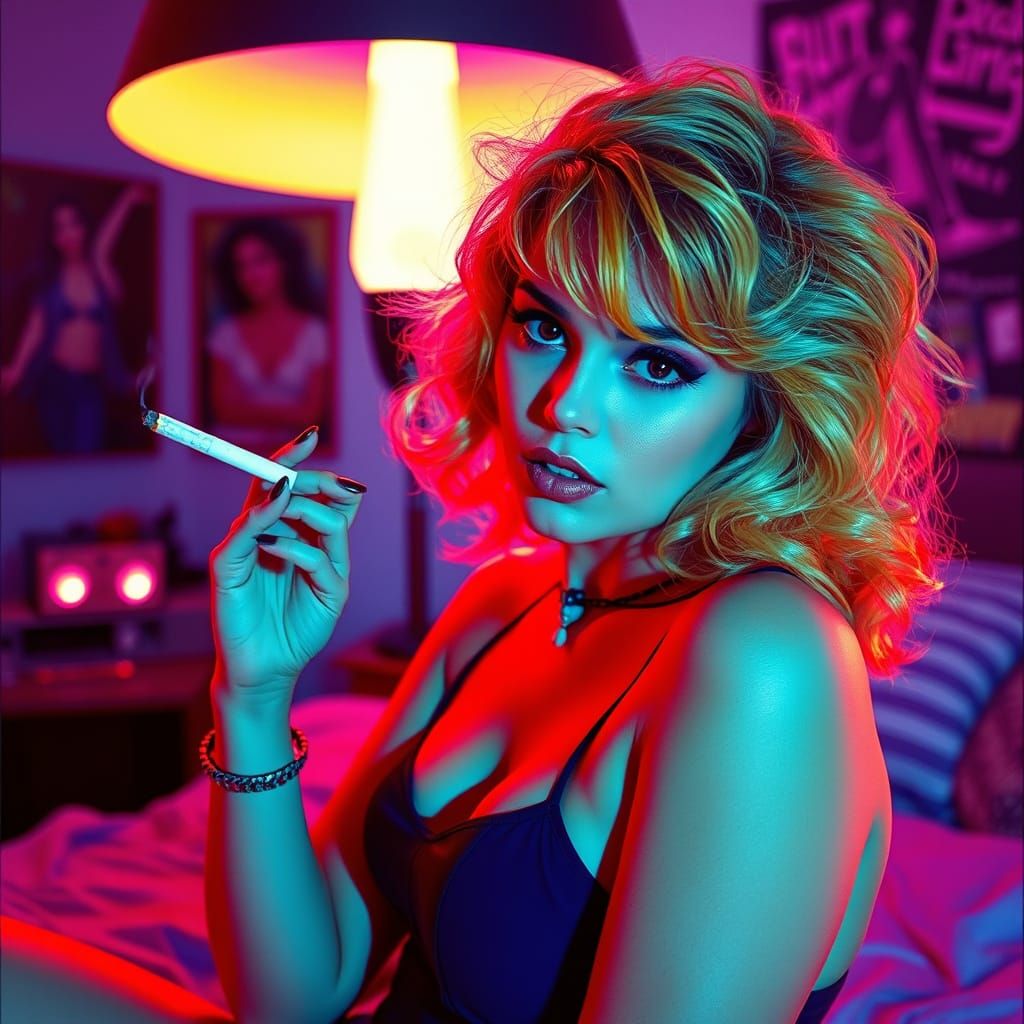 1985 Girl Poses Provocatively in Neon 80s Bedroom