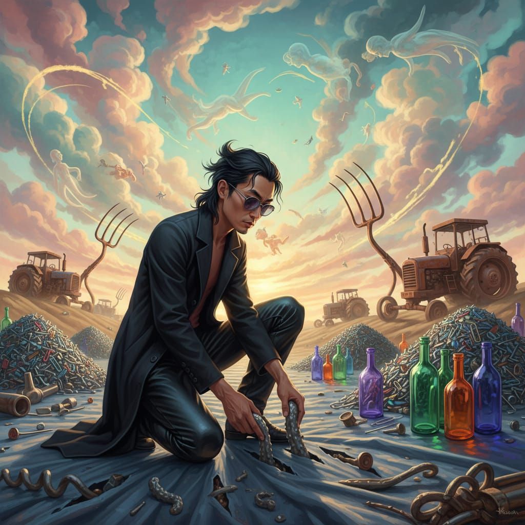Surreal Digital Painting of Man Planting Aluminum Cucumbers