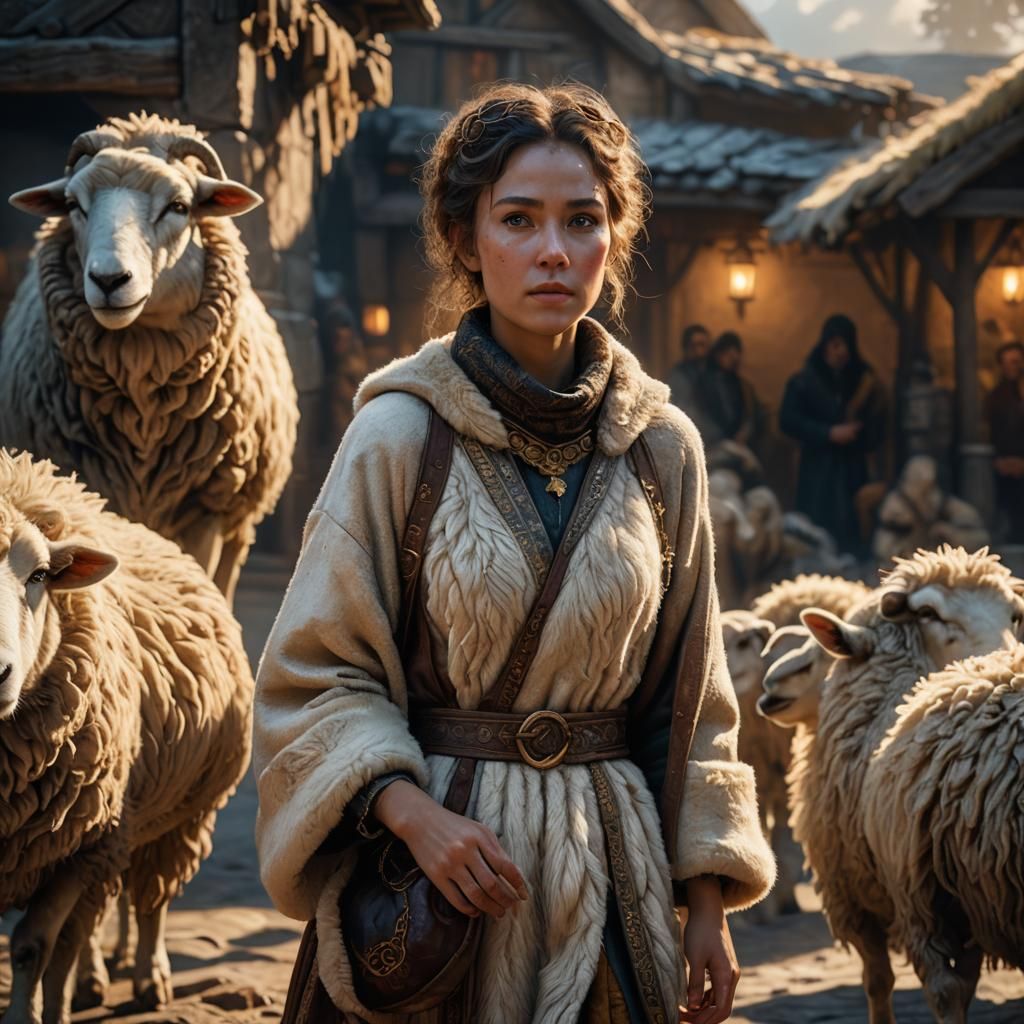 Woman in Sheepskin Dress: Hyper-Realistic Fantasy Art