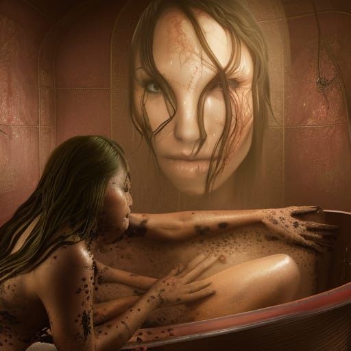 Scarred Woman in Tub: Detailed Matte Painting