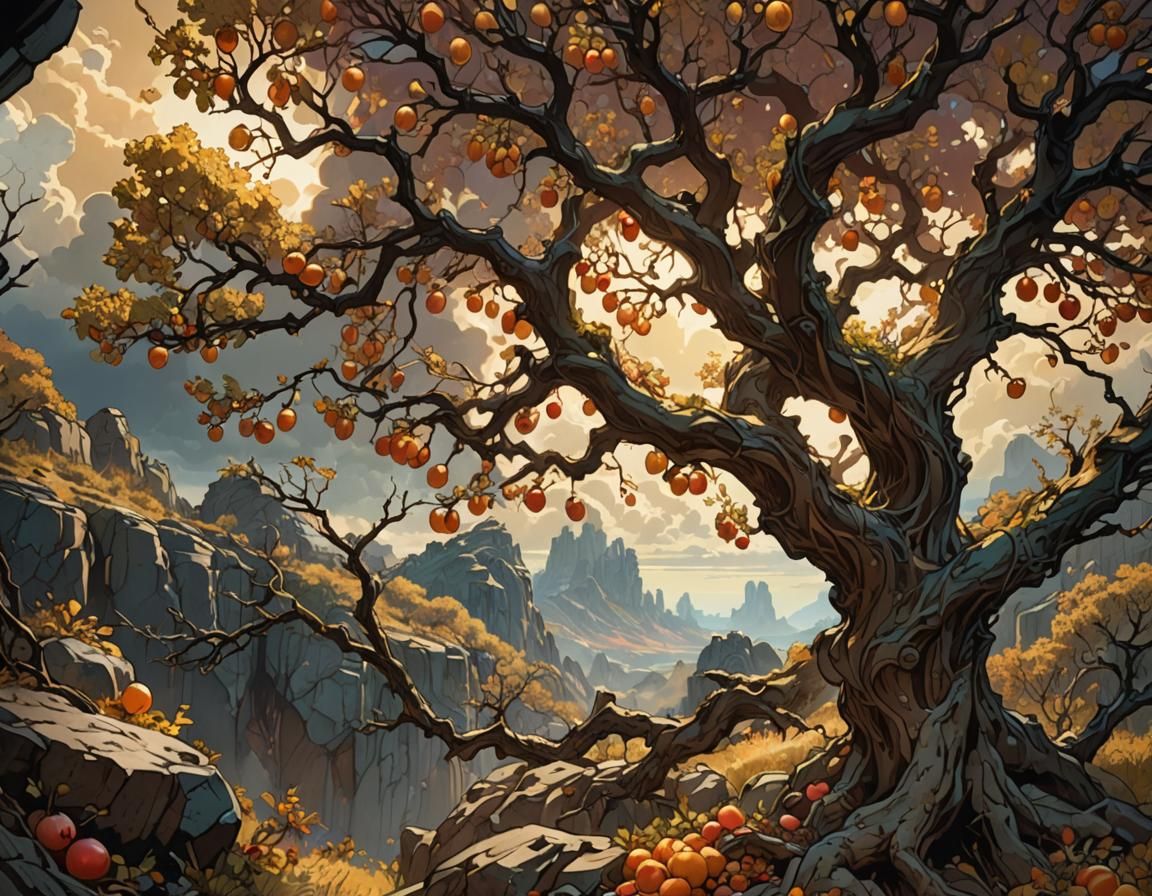 Ornate Orchard on Cliffside in Art Nouveau Style