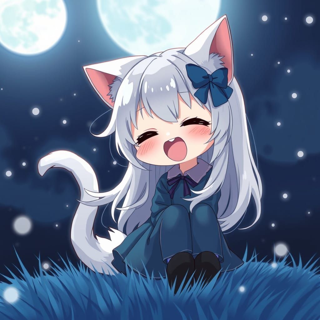 Adorable Anime Catgirl Basks in Moonlit Night