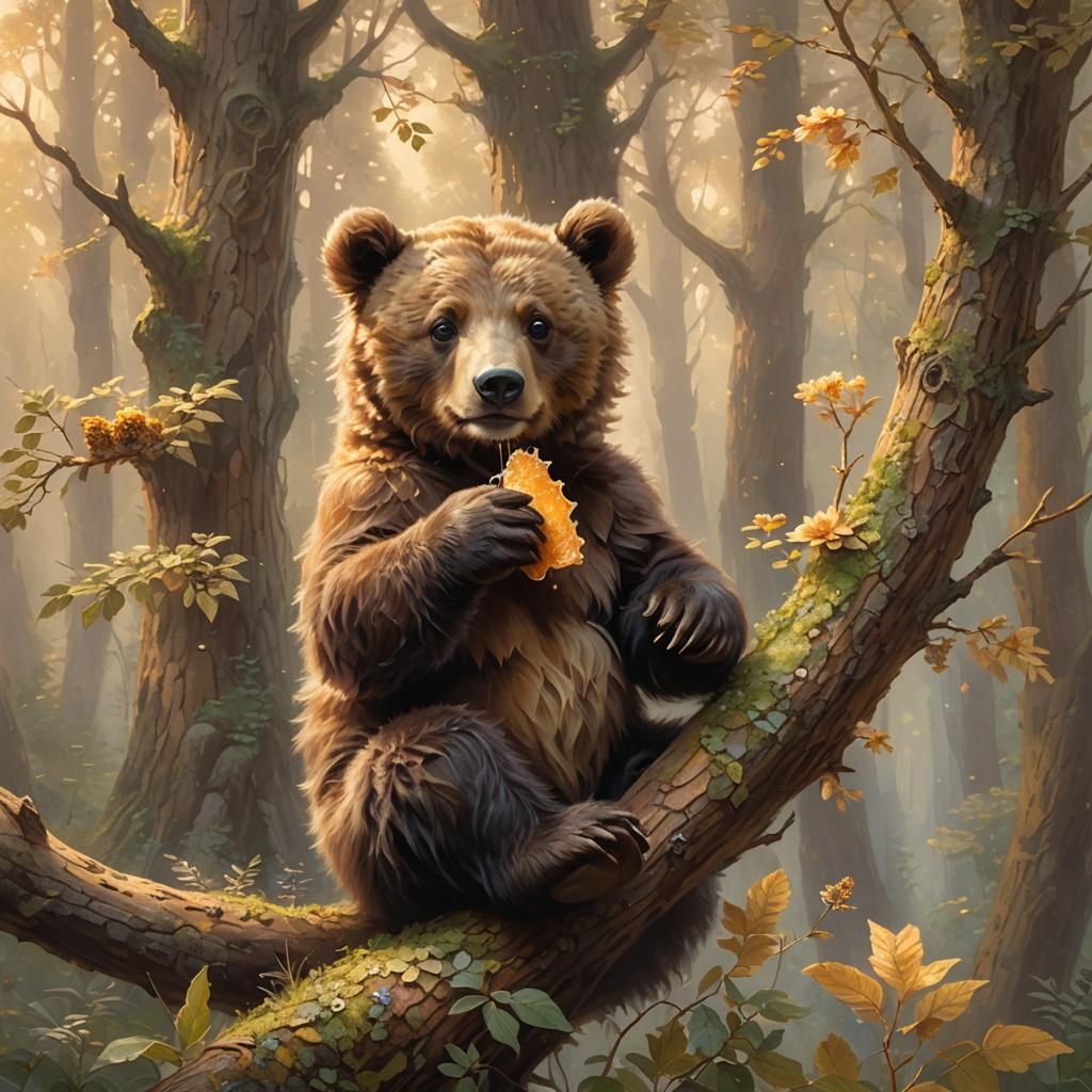 Brown Bear Cub in Misty Forest: Ethereal Oil Painting