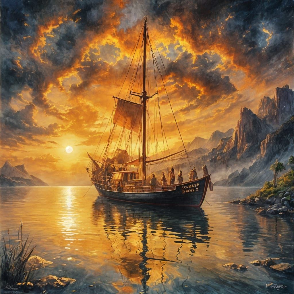Golden Sailboat on Still Waters at Sunset