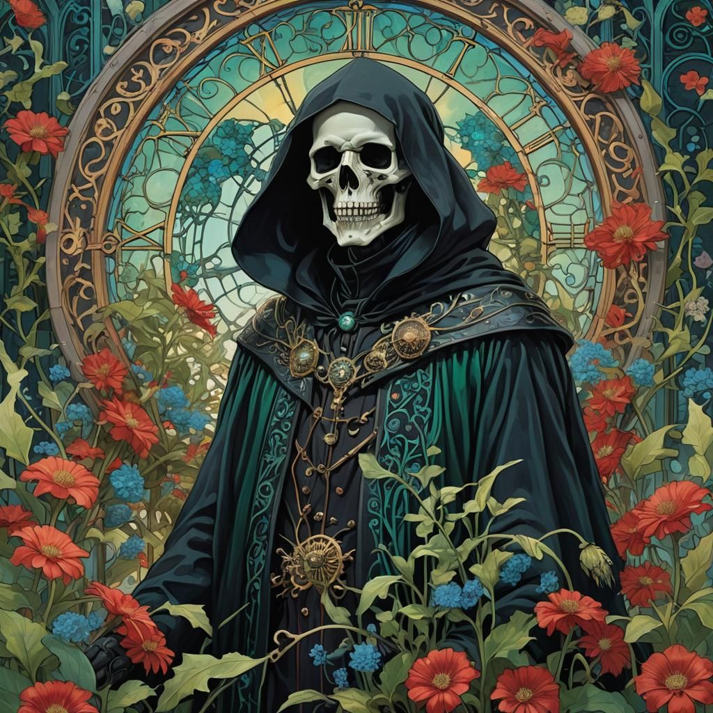 Grim Reaper in Bioluminescent Garden, Art Nouveau Style