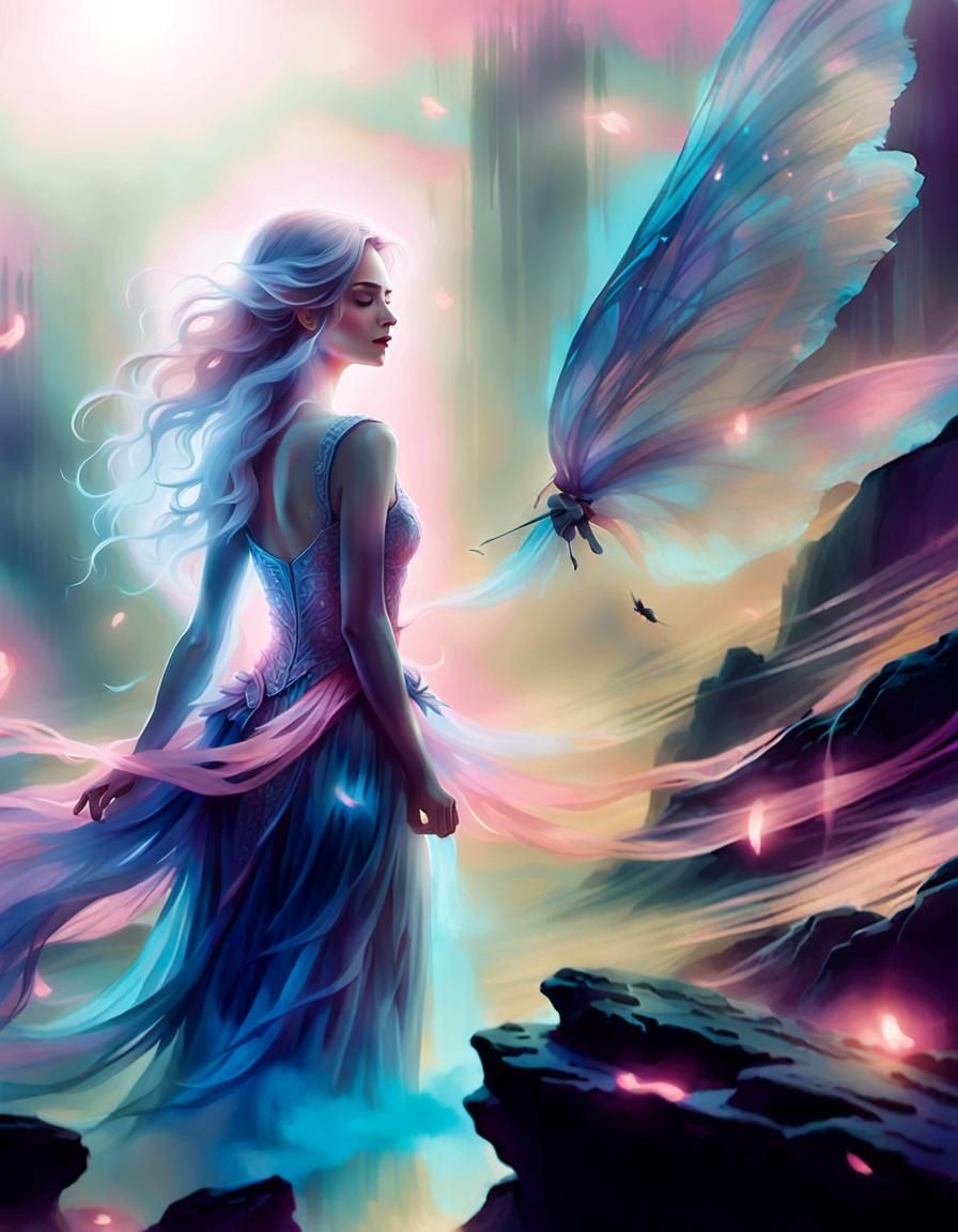 Girl in Pink Light and Blue Fog: Ethereal Watercolor