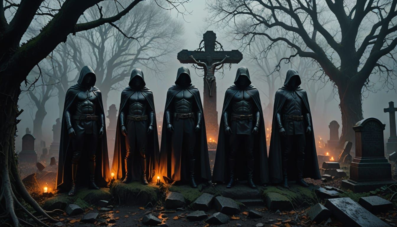 Four Dark Warriors Tipping a Sack into a Haunting Ancient We...